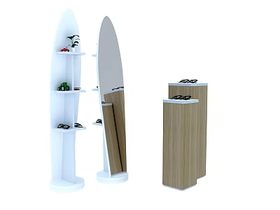 Modern Oval Mirror With White Shelves And Wooden Shoe Storage Stand 3d model