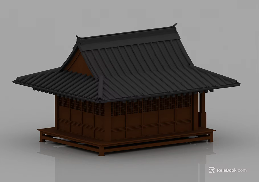 Traditional Ancient Building Featuring Black Tiled Roof And Wooden Lattice Windows 3d model 