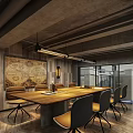 Modern Industrial Public Office Space With Open Layout Staircase Wooden Tables And Geometric Accent Wall