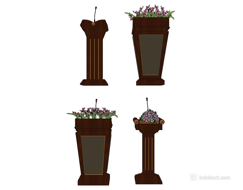 Wooden Functional Podiums With Microphone And Floral Arrangements In Various Styles 3d model 