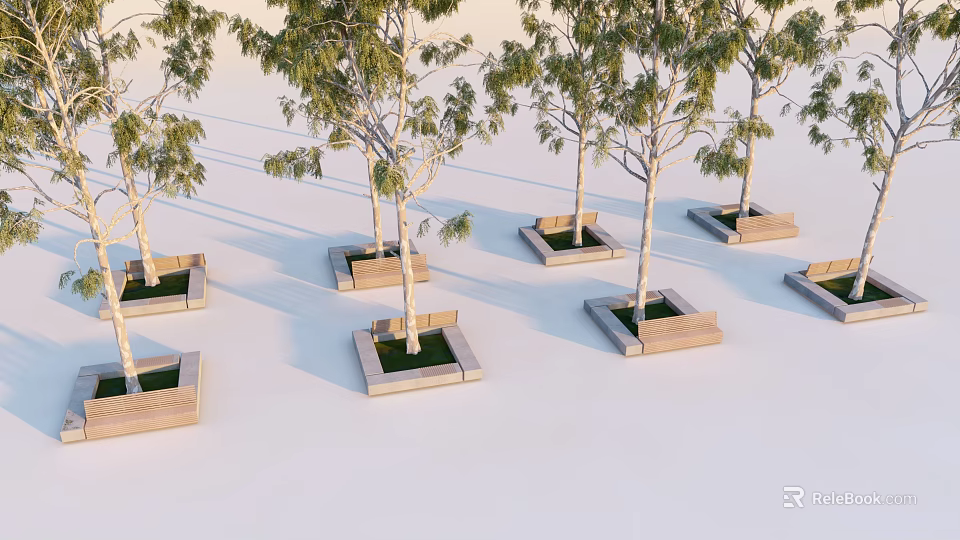 Wooden Tree Planters With Green Trees Neatly Arranged In Outdoor Space 3d model 