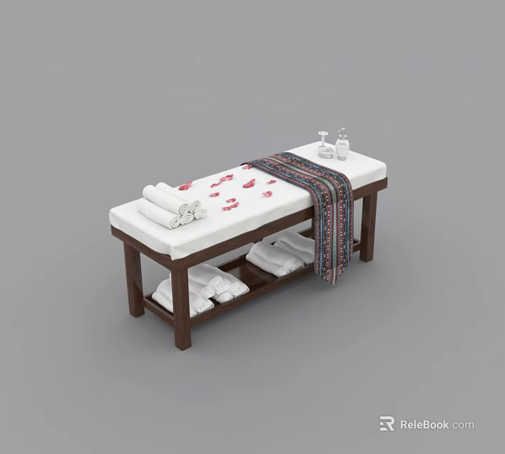 Elegant Massage Bed With Folded Towels Decorative Cloth And Wooden Frame 3d model 