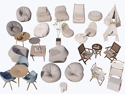 Cozy Modern Single Sofa Collection With Bean Bags Wooden Tables And Small Plant 3d model