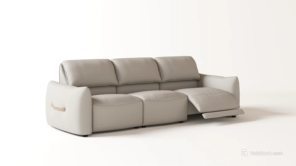 Modern Light Gray Leather Sectional Sofa With Wooden Armrest And Reclining Seats 3d model 