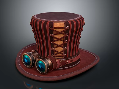 Steampunk Top Hat Design With Leather Striped Band Lacing And Binoculars 3d model