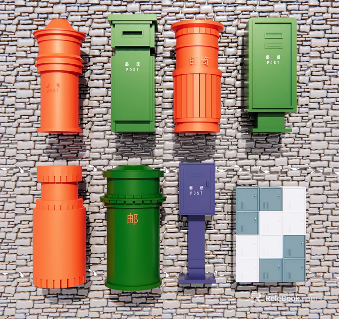 Variety of Colorful Public Facilities with Different Styles Arranged on Stone Wall Background 3d model 
