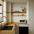 Cozy Modern Kitchen Interior With Window Blinds Green Plant Open Shelves And Countertop