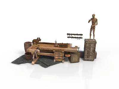Rustic Woodworking Equipment Display With Workbench Tool Rack Drawers And Bucket 3d model