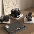 Vintage Cameras Modern Tablet Smartwatch Wireless Earbuds On Wooden Desktop Setup