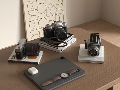 Vintage Cameras Modern Tablet Smartwatch Wireless Earbuds On Wooden Desktop Setup 3d model
