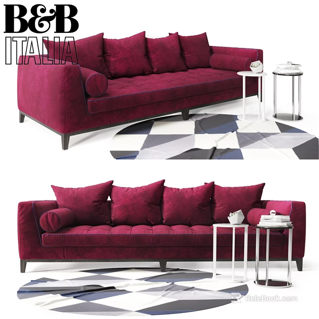 Luxurious Red Velvet Double Sofa with Plush Cushions and White Side Tables on Geometric Rug 3d model 
