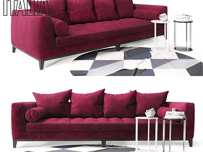 Luxurious Red Velvet Double Sofa with Plush Cushions and White Side Tables on Geometric Rug 3d model