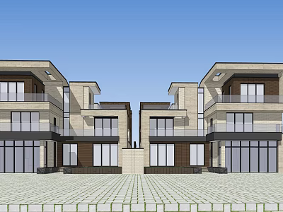 Modern Duplex Villa Exterior Design With Stone Facade Balconies And Large Windows 3d model