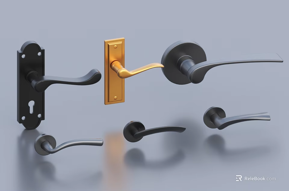 Various Metal Door Handles In Black And Gold With Different Designs 3d model 