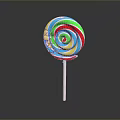 Colorful Spiral Lollipop with Bright Red Blue Green Yellow Swirls on White Stick Dark Background