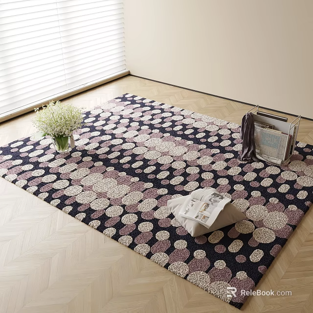 Square Rug with Polka Dot Pattern on Wooden Floor Featuring Vase Flowers and Window Blinds 3d model 