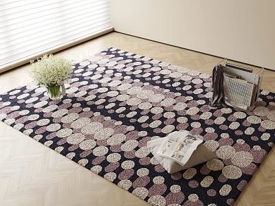 Square Rug with Polka Dot Pattern on Wooden Floor Featuring Vase Flowers and Window Blinds 3d model