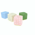Square Patterned Cube Shaped Ottoman in Pastel Pink Green and White for Modern Decor
