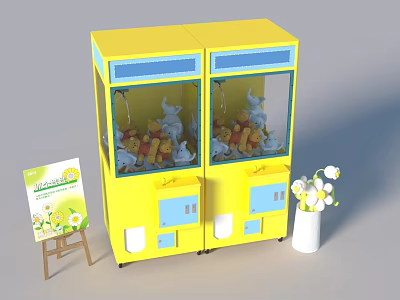 Yellow Double Claw Machines With Stuffed Toys Colorful Items Signboard And White Flower Vase 3d model