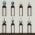 Ceramic Vases With Various Colors And Decorative Patterns Neatly Arranged On Wooden Stands