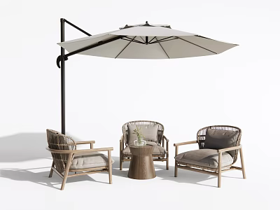 Modern Outdoor Table With Rattan Chairs And Large Umbrella Comfortable Cushions For Patio Use 3d model