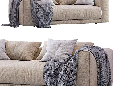 Cozy Beige Fabric Sectional Sofa With Soft Pillows And Knitted Throw Blanket 3d model