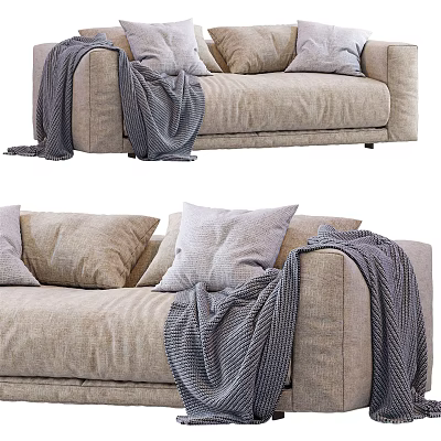 Cozy Beige Fabric Sectional Sofa With Soft Pillows And Knitted Throw Blanket 3d model