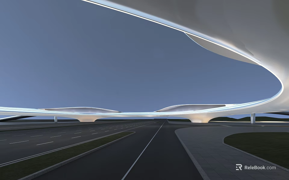 Modern Landscape Bridge With Futuristic Curved Structure Under Blue Sky And Road 3d model 