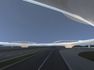 Modern Landscape Bridge With Futuristic Curved Structure Under Blue Sky And Road 3d model