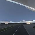 Modern Landscape Bridge With Futuristic Curved Structure Under Blue Sky And Road