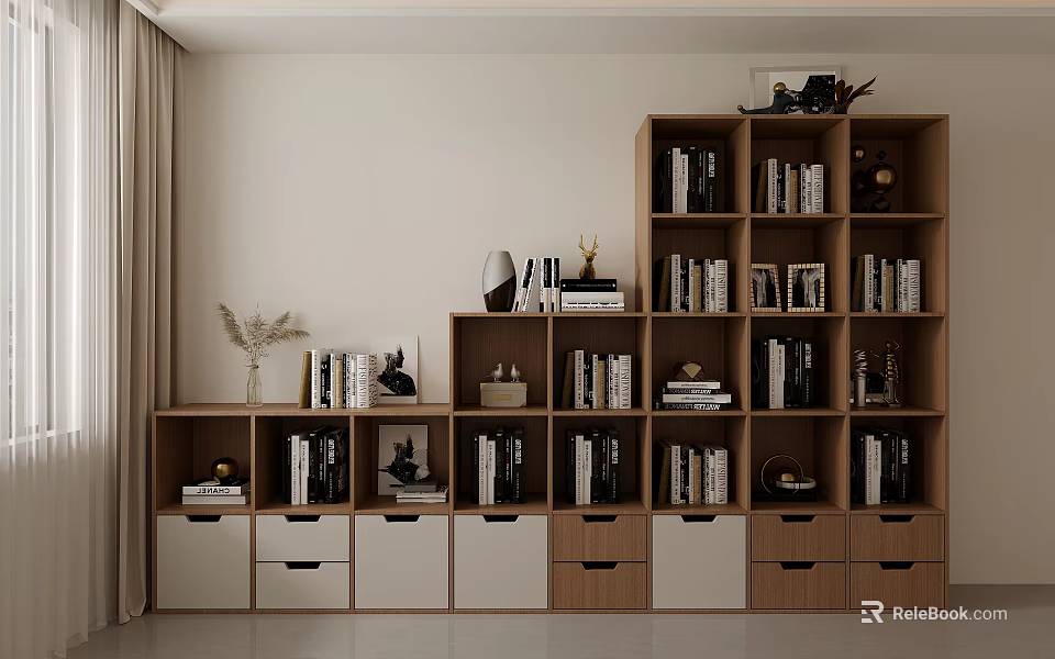 Modern Wooden Bookcase Interior With Open Shelves Drawers Books And Decorative Items 3d model 