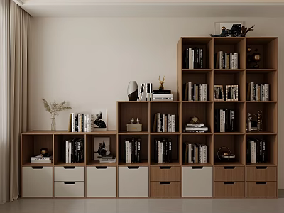 Modern Wooden Bookcase Interior With Open Shelves Drawers Books And Decorative Items 3d model