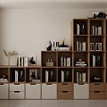 Modern Wooden Bookcase Interior With Open Shelves Drawers Books And Decorative Items