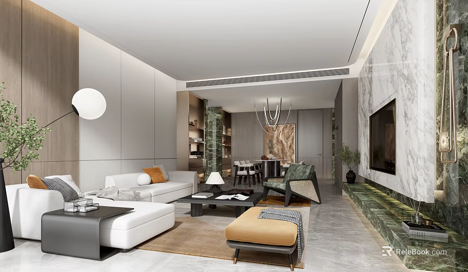 Modern Living Dining Room Interior Design With Sofa Coffee Table Chandelier Artwork And Plants 3d model 