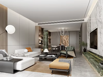Modern Living Dining Room Interior Design With Sofa Coffee Table Chandelier Artwork And Plants 3d model