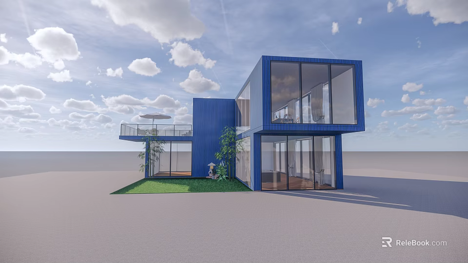 Modern Blue Container Building With Large Glass Windows Grass Lawn And Balcony 3d model 