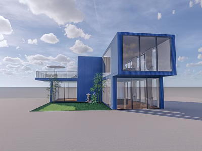 Modern Blue Container Building With Large Glass Windows Grass Lawn And Balcony 3d model