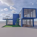 Modern Blue Container Building With Large Glass Windows Grass Lawn And Balcony