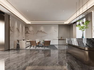 Modern Hotel Lobby Interior Design With Marble Floor Reception Desk And Seating Area 3d model