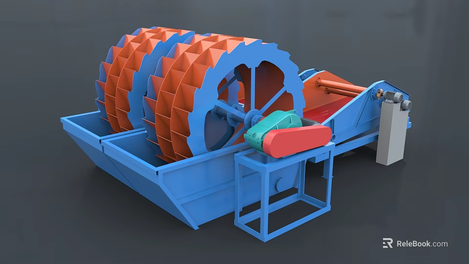 Industrial Wheel Sand Washer With Blue Base Orange Drum Wheels Green Red Components Control Panel 3d model 