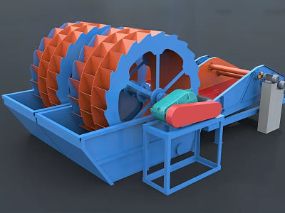 Industrial Wheel Sand Washer With Blue Base Orange Drum Wheels Green Red Components Control Panel 3d model