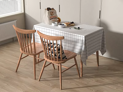Dining Table Set With White Checkered Tablecloth Wooden Chairs Near Window Light Cabinets Wooden Floor 3d model