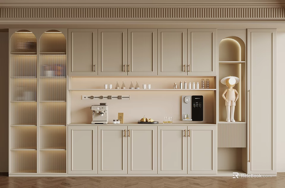 Modern Luxury Kitchen Interior With Light Beige Cabinets Open Shelves And Coffee Machine 3d model