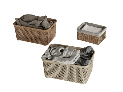 Three Woven Storage Baskets Filled with Clothes for Home Organization 3d model