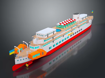 Wooden Ship With Red Bottom White Hull Orange Lifeboats And Flag On Upper Deck 3d model