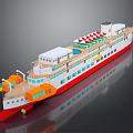 Wooden Ship With Red Bottom White Hull Orange Lifeboats And Flag On Upper Deck