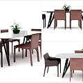 Modern Dining Table Set With White Table Brown Chairs And Potted Plant Decor 3d model