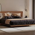 Modern Bedroom Interior With Wooden Headboard Bed Soft Pillows Round Mirror Floor Lamp And Large Window