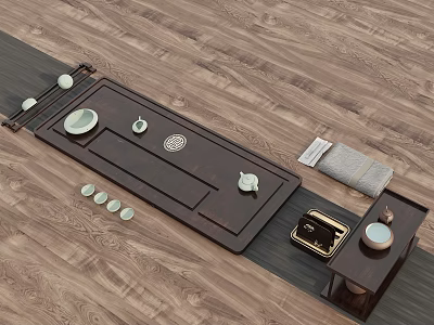 Traditional Chinese Tea Set with Wooden Tray Teacups and Teapot on Wooden Floor 3d model