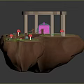 Floating Islands With Circular Pavilion Connected By Wooden Bridge Green Plants And Red Mushrooms